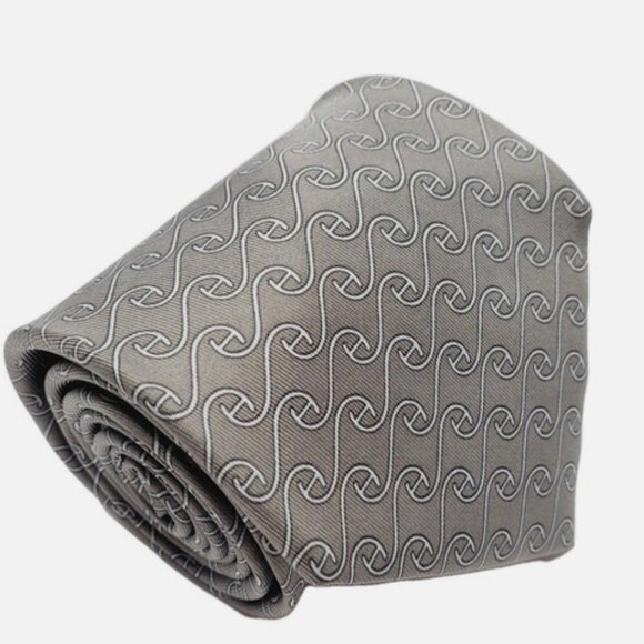 100% REAL HERMES TIE ~ SILVER GRAY w/ MODERN WHITE CURSIVE CLASSIC H LINKS XL - Picture 6 of 6